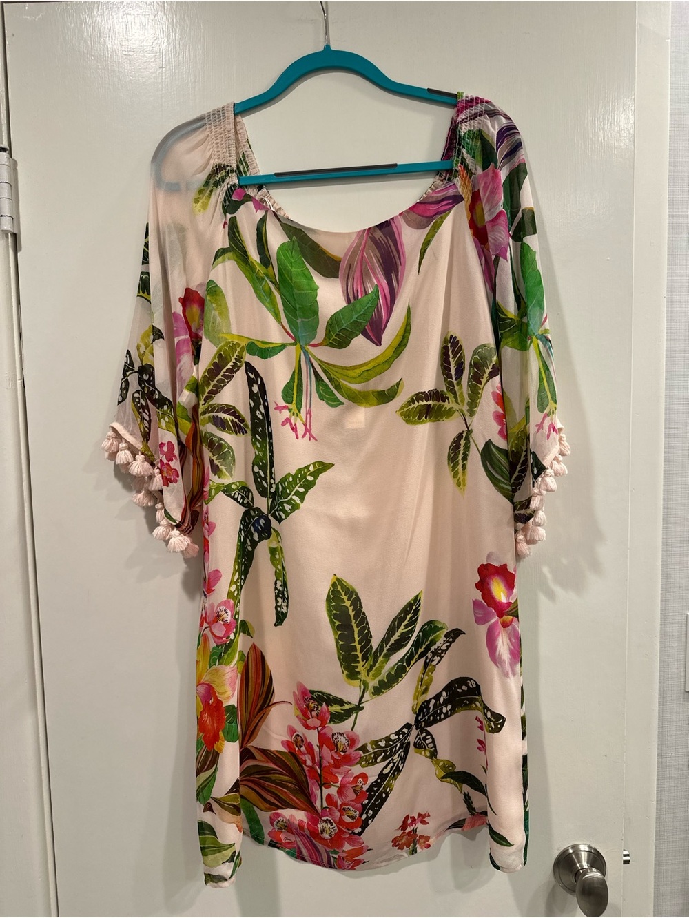 Trina Turk Pink Floral Slip Dress with Green Leaf Print